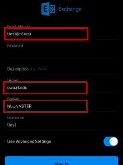 Screenshot of user settings in the Android Outlook application. The email address field has the value 