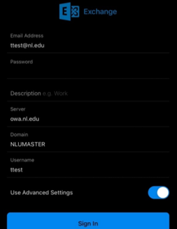 Screen shot of the advanced settings in the Outlook iOS application. The email address has the value 