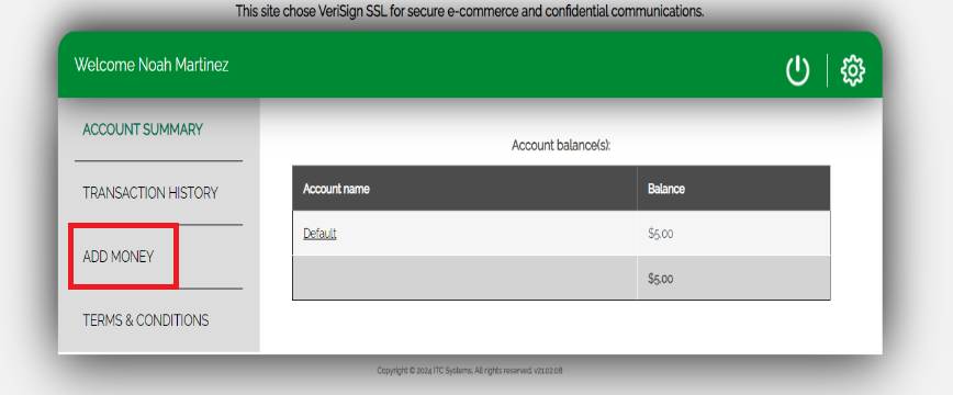 Screenshot of the printing funds welcome screen. The Add Money option on the left has a red rectangle around it.