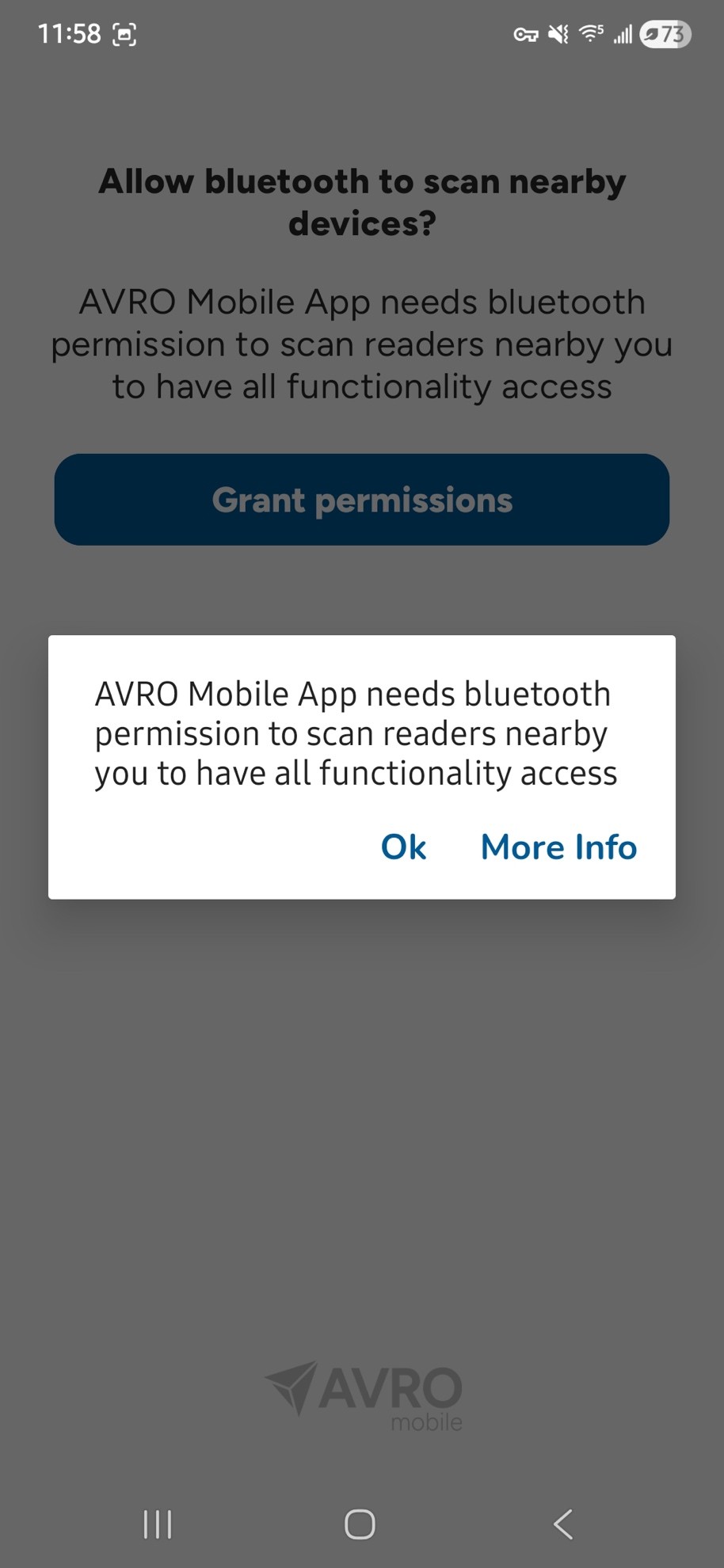 Screenshot of the AVRO app enable bluetooth dialog